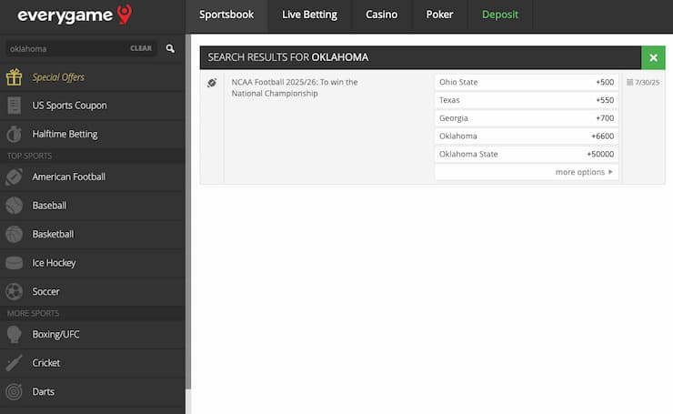 An image of the betting screen from Everygame, a popular online sportsbook in Oklahoma.